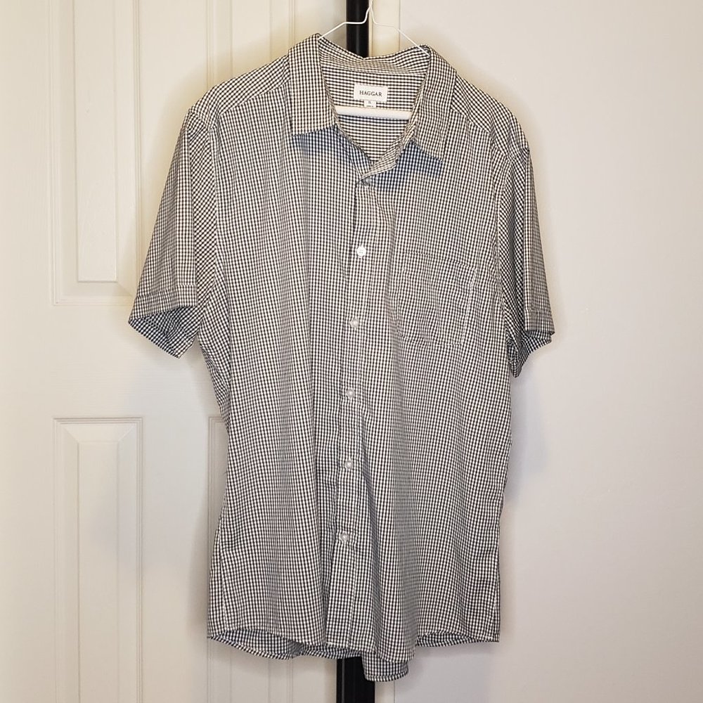 Haggar Men's Short Sleeve Plaid Button Down White w/ Black XL